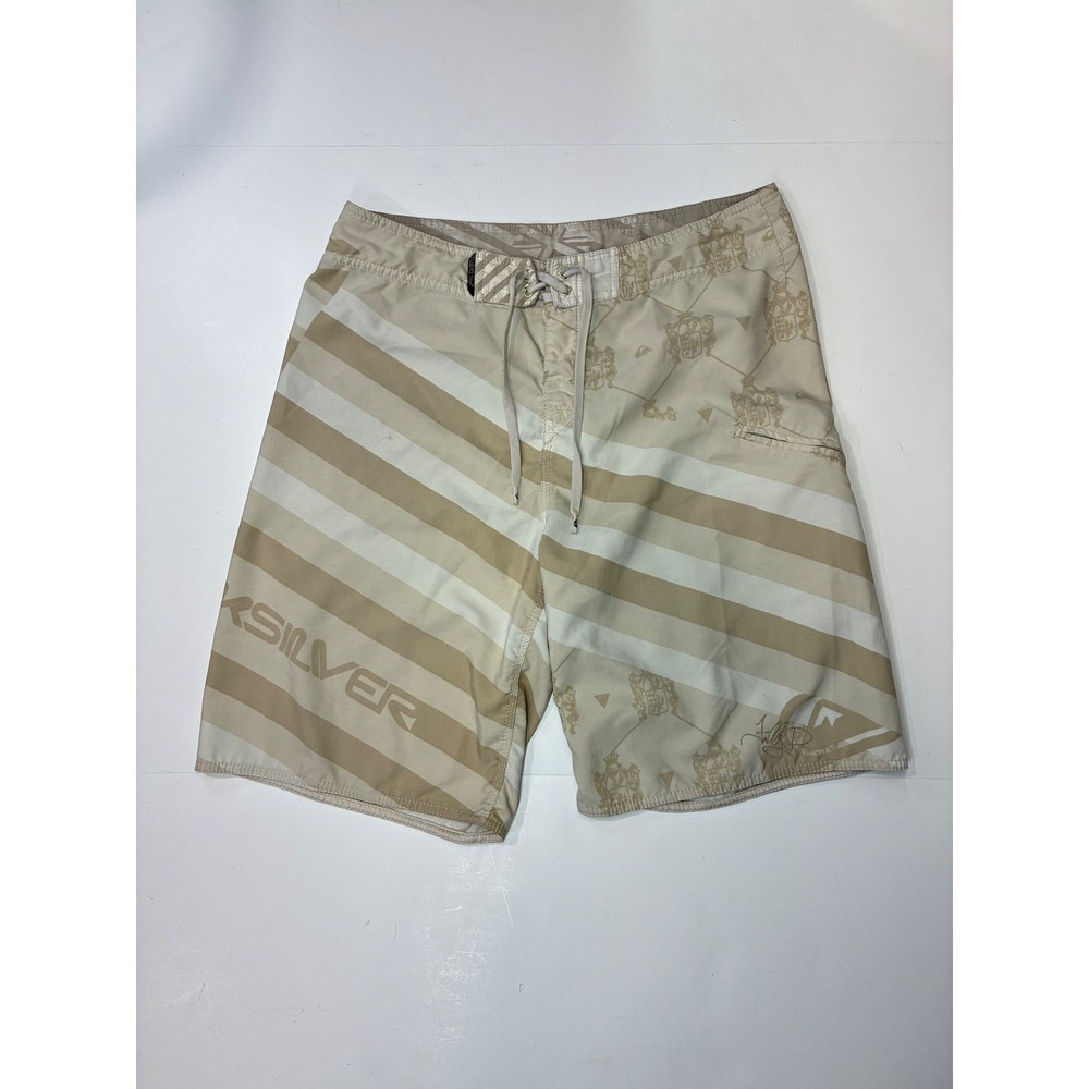 Quiksilver Mens Board Shorts Tan Cream Striped Ripstop Graphic Size 34